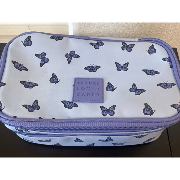 TENDER LOVE & + CARRY Travel Toiletry Makeup Cosmetic Bag Purple butterflies zip - Picture 2 of 9